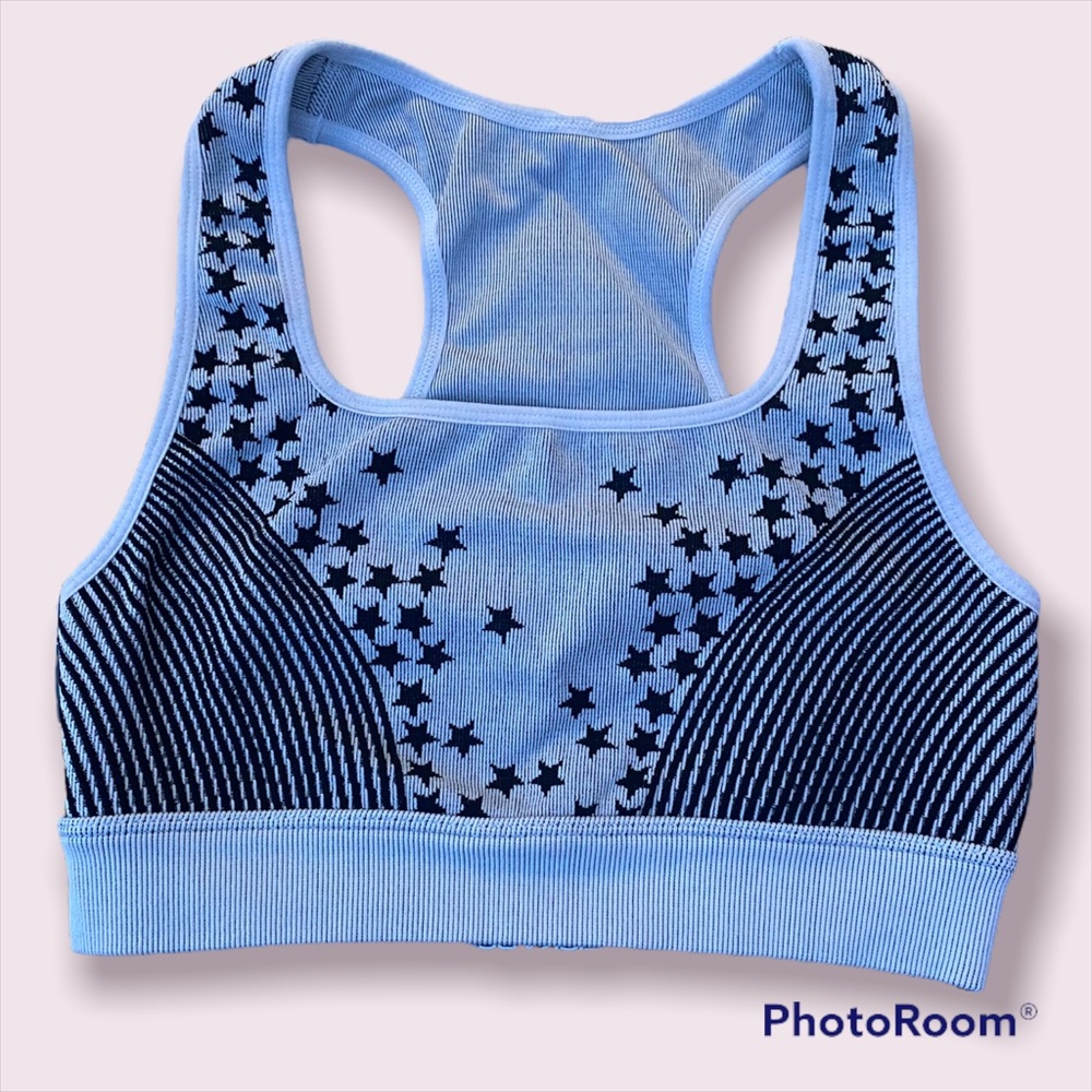 Fabletics black and white stars and stripes sports bra
